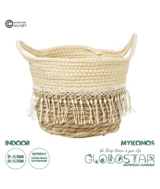 GloboStar® Artificial Garden MYKONOS 20278 Διακοσμητικό Πλεκτό Καλάθι - Κασπώ Γλάστρα - Flower Pot Μπεζ με Μακραμέ Φ18cm x Υ15cm